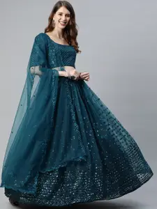 SHUBHKALA Teal Green Embroidered Sequinned Semi-Stitched Lehenga & Blouse With Dupatta