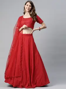 SHUBHKALA Red Embroidered Sequinned Semi-Stitched Lehenga & Unstitched Blouse With Dupatta