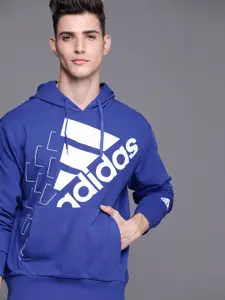 ADIDAS Men Blue & White UniteFit Q3 BLUV Brand Logo Print Hooded Sweatshirt