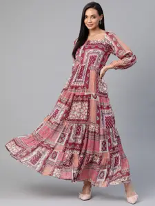 Cottinfab Pink & Peach-Coloured Ethnic Motifs Tiered Maxi Dress