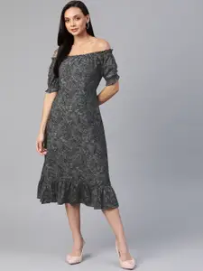 Cottinfab Charcoal Grey & Black Floral Off-Shoulder A-Line Midi Dress