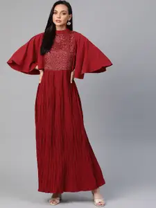 Cottinfab Maroon Embellished Flared Sleeves Maxi Dress