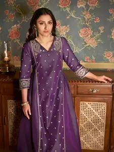 House of Pataudi Women Purple Ethnic Motifs Embroidered Jashn A-Line Kurta