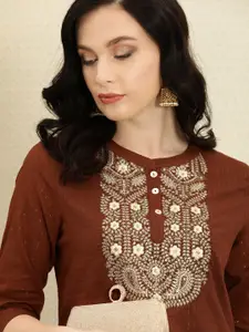 House of Pataudi Women Brown Striped Rozana Straight Kurta with Embroidered Detail