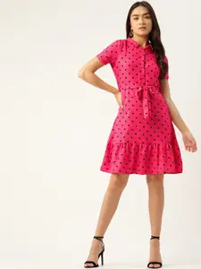 DressBerry Women Pink & Black Polka Dots Print Belted A-Line Dress