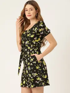 DressBerry Black & Yellow Floral Print A-Line Mini Dress with Belt