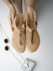 Shoetopia Girls Beige Embellished T-Strap Flats