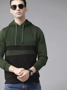 Roadster Men Olive Green & Black Colourblocked Hooded Sweatshirt