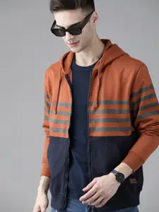Roadster Men Rust Orange & Navy Striped Hooded Sweatshirt