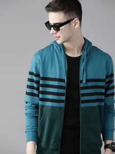 Roadster Men Teal Blue & Green Striped Hooded Sweatshirt