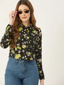 DressBerry Women Black & Yellow Floral Print Cropped Casual Shirt