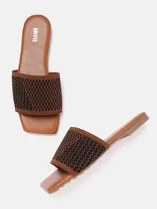Lavie Women Brown & Black Checked & Self-Design Open Toe Flats