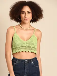 COVER STORY Green Pure Cotton Crochet Semi-Sheer Cropped Top