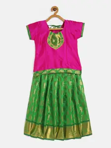 Baby Lakshmi Girls Pink & Green Ready to Wear Lehenga With Blouse