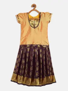 Baby Lakshmi Girls Golden & Purple Woven Design Ready to Wear Lehenga & Choli