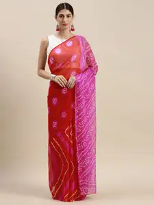 Geroo Jaipur Red & Pink Hand Dyed Leheriya Bandhani Saree