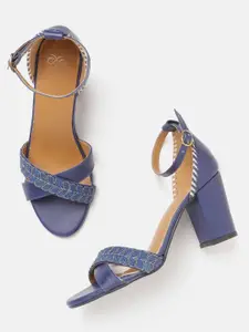 House of Pataudi Navy Blue Handcrafted Woven Design Block Heels