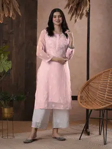 ADA Women Plus Size Pink Chikankari Hand Embroidered Sustainable Sheer Handloom Kurta with Inner