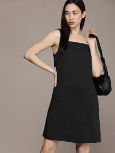 Calvin Klein Jeans Black Shoulder Straps Satin Sheath Dress with Brand Logo Print Detail