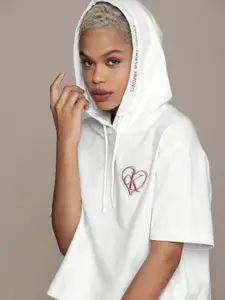 Calvin Klein Jeans Women White Hooded Sweatshirt with Embroidery