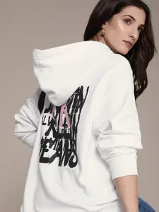 Calvin Klein Jeans Women White & Black Printed AF-GRAFFITI Oversized Hooded Sweatshirt