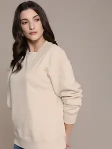 Calvin Klein Jeans Women Beige AF-OFF PLACED MONOGRAM Brand Logo Embroidered Sweatshirt