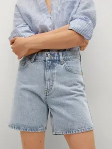 MANGO Women Blue Solid High-Rise Denim Shorts