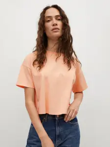 MANGO Women Peach-Coloured Pure Cotton Solid Drop-Shoulder Sleeves T-shirt