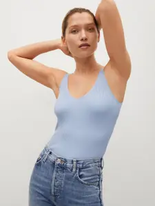 MANGO Blue Ribbed Fitted Top