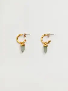 MANGO Gold-Toned & Green Precious Stone Studded Contemporary Drop Earrings