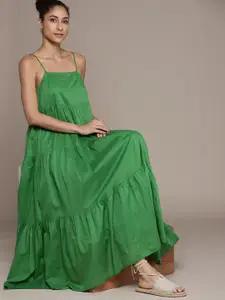 MANGO Green Solid Cotton Tiered Maxi Dress