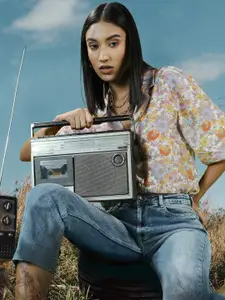 MANGO Women Cream Coloured & Pink Floral Print Boxy Casual Shirt