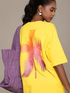 Calvin Klein Jeans Women Yellow Tropical Printed Drop-Shoulder Sleeves T-shirt