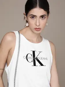 Calvin Klein Jeans Women White & Black Brand Logo Printed Slim Fit T-shirt