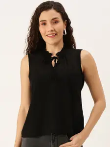 Flying Machine Black Solid Tie-Up Neck Sleeveless Casual Top
