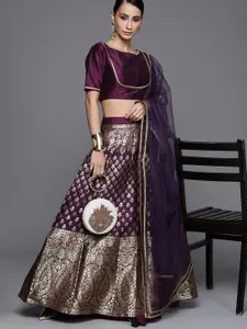 Inddus Women Purple & Golden Print Semi-Stitched Lehenga & Unstitched Blouse With Dupatta