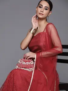 Inddus Women Maroon Self Designed Semi-Stitched Lehenga & Unstitched Blouse With Dupatta