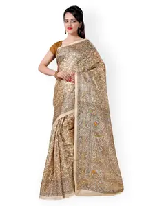 Saree mall Beige Khadi Silk Floral Print Saree