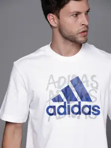 ADIDAS Men White & Blue Brand Logo Printed OVRSPRY Sustainable T-shirt
