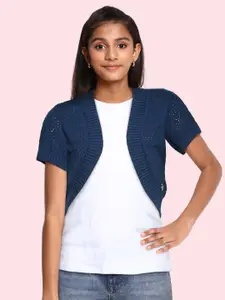 Allen Solly Junior Girls Navy Blue Pure Cotton Open Knitted Crop Front-Open Sweater