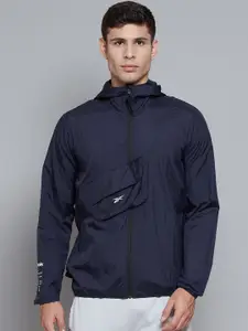 Reebok Men Navy Training Road Trip Woven Packable Hooded Jacket