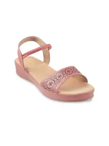 Mochi Peach-Coloured Textured Wedge Sandals with Laser Cuts