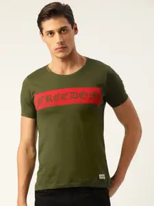 Flying Machine Men Olive Green & Red Typography Print Pure Cotton T-shirt