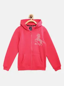 Allen Solly Junior Girls Pink Solid Hooded Front Open Sweatshirt with Printed Detail