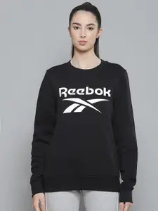 Reebok Women Black Brand Logo Printed Fleece Crew Neck Sweatshirt