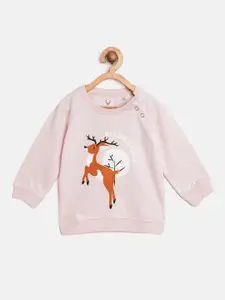 Allen Solly Junior Girls Pink & Brown Pure Cotton Deer Print Sweatshirt
