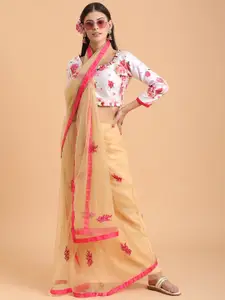 Sangria Beige & Pink Floral Supernet Saree