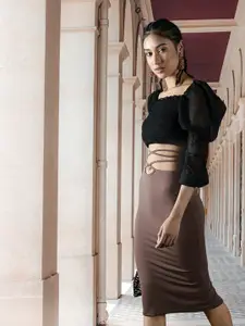 Trendyol Women Taupe Solid Pencil Midi Skirt