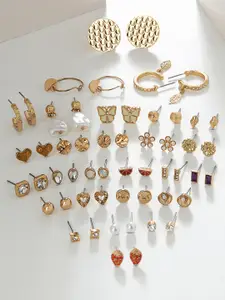 AMI Set of 27 Gold-Toned Contemporary Gold-Plated Studs Drop & Semi-Hoops Earrings