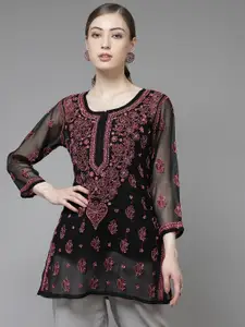 ADA Black & Red Ethnic Motifs Embroidered Chikankari Kurti With Inner